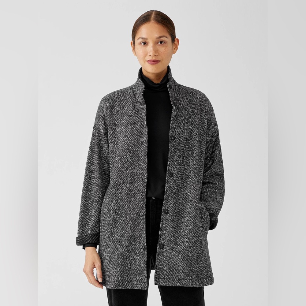 Eileen Fisher Organic Cotton Terry Stand Collar Jacket L Black Boxy Thigh Length